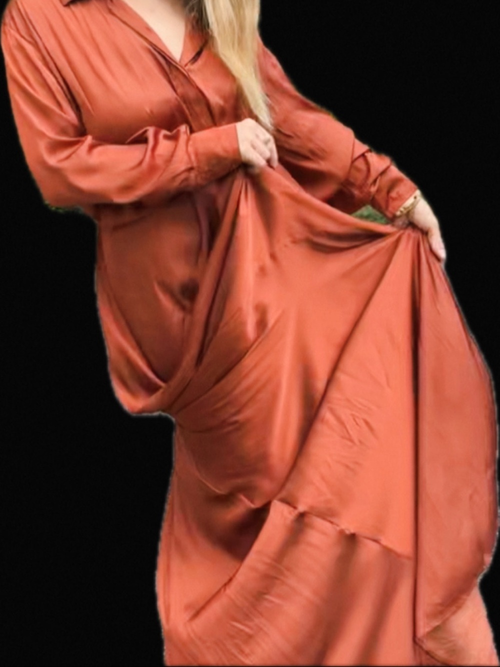 NU rust orange silk maxi dress with long train